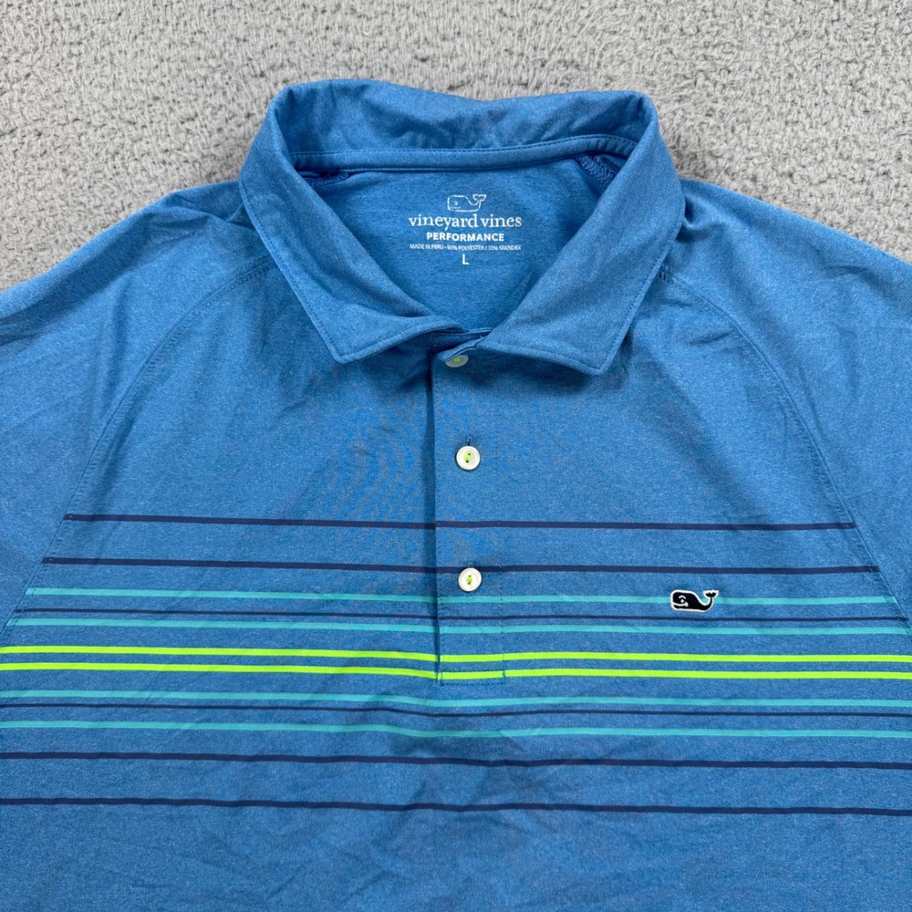 Vineyard Vines Performance Striped Polo Shirt Blue Short Sleeve Mens Large‎